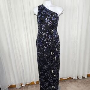 Decode 1.8 One Shoulder Floral Sequin Gown Black Blue Silver Small